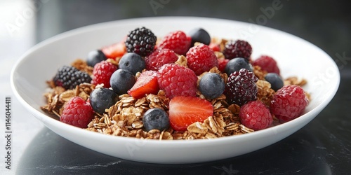 Muesli served in a plate, topped with an assortment of fresh berries for a delightful breakfast option. This muesli creation features vibrant and tasty berries enhancing the meal experience. photo