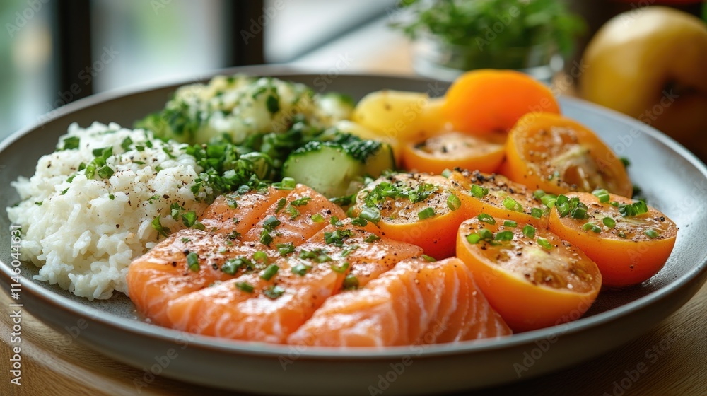 Fresh salmon, rice, and mixed vegetables served on a table for a meal Fresh salmon, rice, and mixed vegetables served on a table for a meal