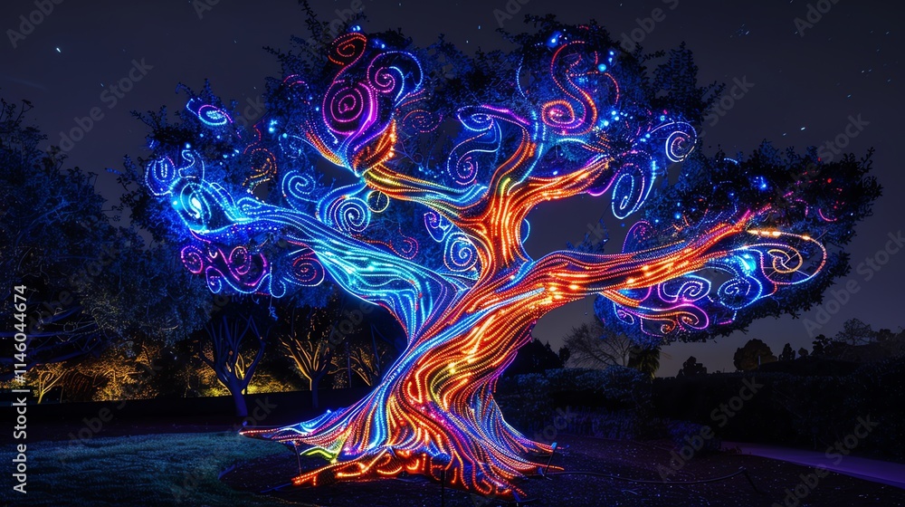Obraz premium Illuminated tree with vibrant light painting swirls at night.