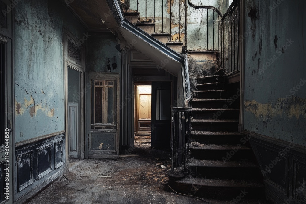 Abandoned building with worn-out stairs, perfect for urban or nostalgic scenes Abandoned building with worn-out stairs, perfect for urban or nostalgic scenes