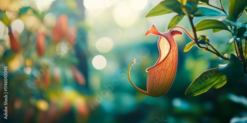 Tropical pitcher plant, also known as Nepenthes, displayed in a garden setting, showcasing its unique insectivorous characteristics with soft focus for an ethereal effect. photo