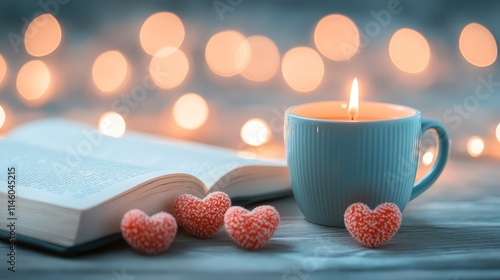 Red candles and heart shaped candy a relaxing and festive atmosphere, perfect for holiday celebrations photo