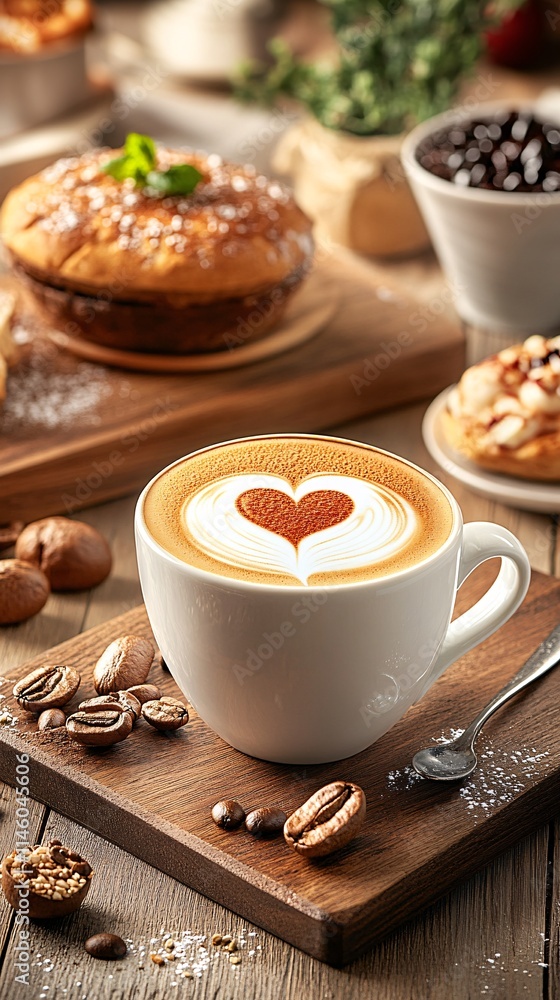 Cup of cappuccino with latte art and coffee beans on wooden table Cup of cappuccino with latte art and coffee beans on wooden table