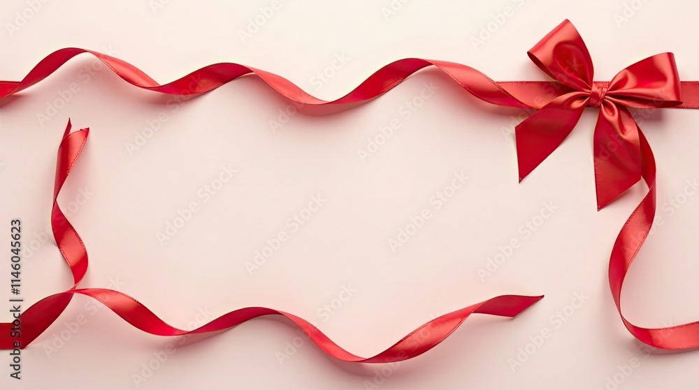 Elegant Red Ribbon Bow and Curving Streamers on Pale Pink Background for Festive Occasions Elegant Red Ribbon Bow and Curving Streamers on Pale Pink Background for Festive Occasions