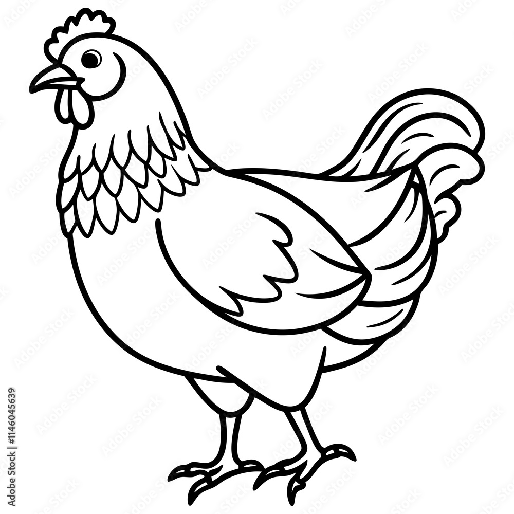 Cute Chicken Silhouette line art  black vector illustration
