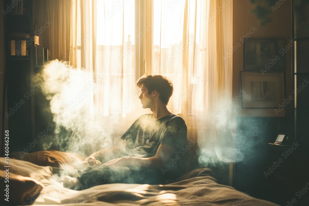 A person sitting on a bed with a view outside the window A person sitting on a bed with a view outside the window