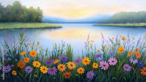 A calm riverside with pastel wildflowers growing along the banks , imagine oil painting, impressionist style, landscape, golden hour