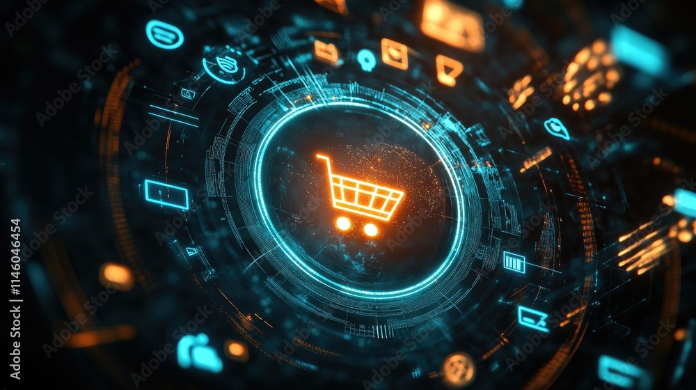 Futuristic Shopping Cart Interface with Neon Elements and Data Circuits, Representing E-commerce Technology and Digital Transactions in a High-Tech Environment Futuristic Shopping Cart Interface with Neon Elements and Data Circuits, Representing E-commerce Technology and Digital Transactions in a High-Tech Environment