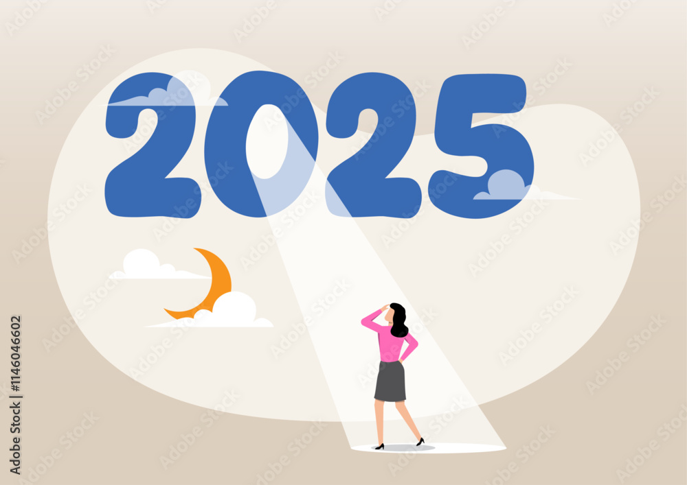 Year 2025 with bright spotlight from number zero light up on hopeful businesswoman Year 2025 with bright spotlight from number zero light up on hopeful businesswoman