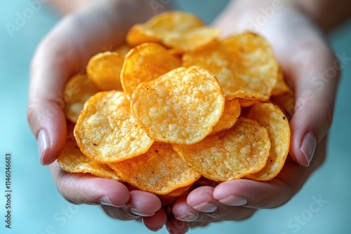 A person holding a handful of potato chips