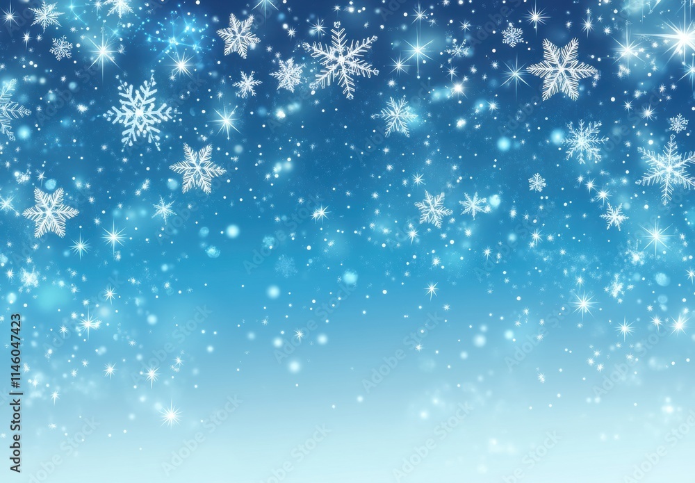 Beautiful winter scene of falling snowflakes against a vibrant blue background, creating a magical atmosphere for festive celebrations and holiday decorations Beautiful winter scene of falling snowflakes against a vibrant blue background, creating a magical atmosphere for festive celebrations and holiday decorations