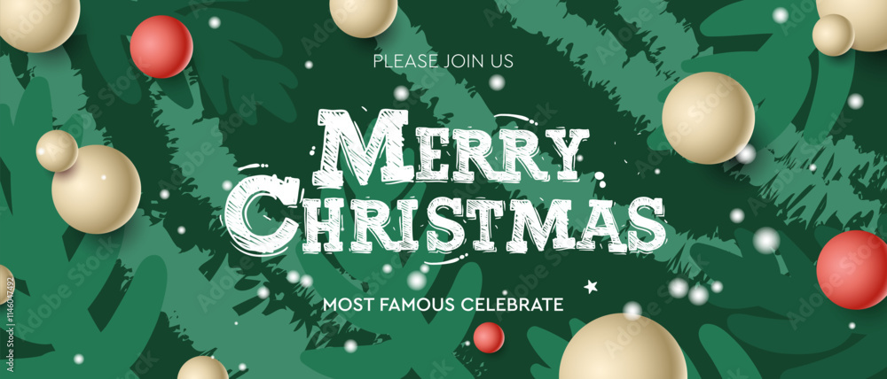 Fototapeta premium Merry Christmas web banner. Modern Xmas design with typography, Christmas tree branches, balls pattern. Minimal art poster, cover template, vector illustration 