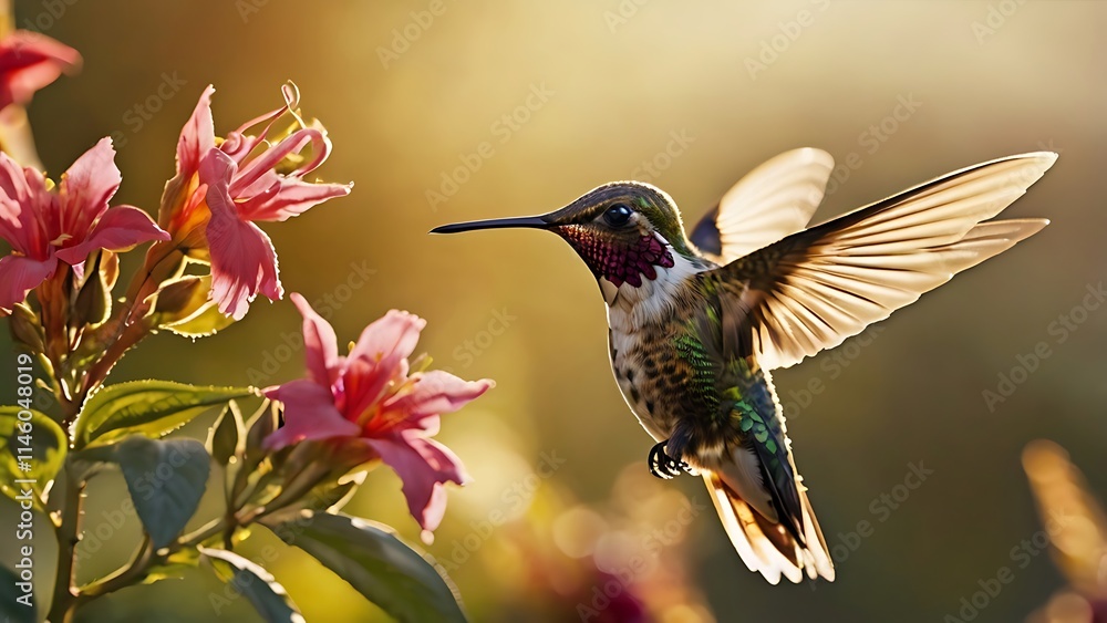 Fototapeta premium Hummingbird in Flight Near Pink Flowers