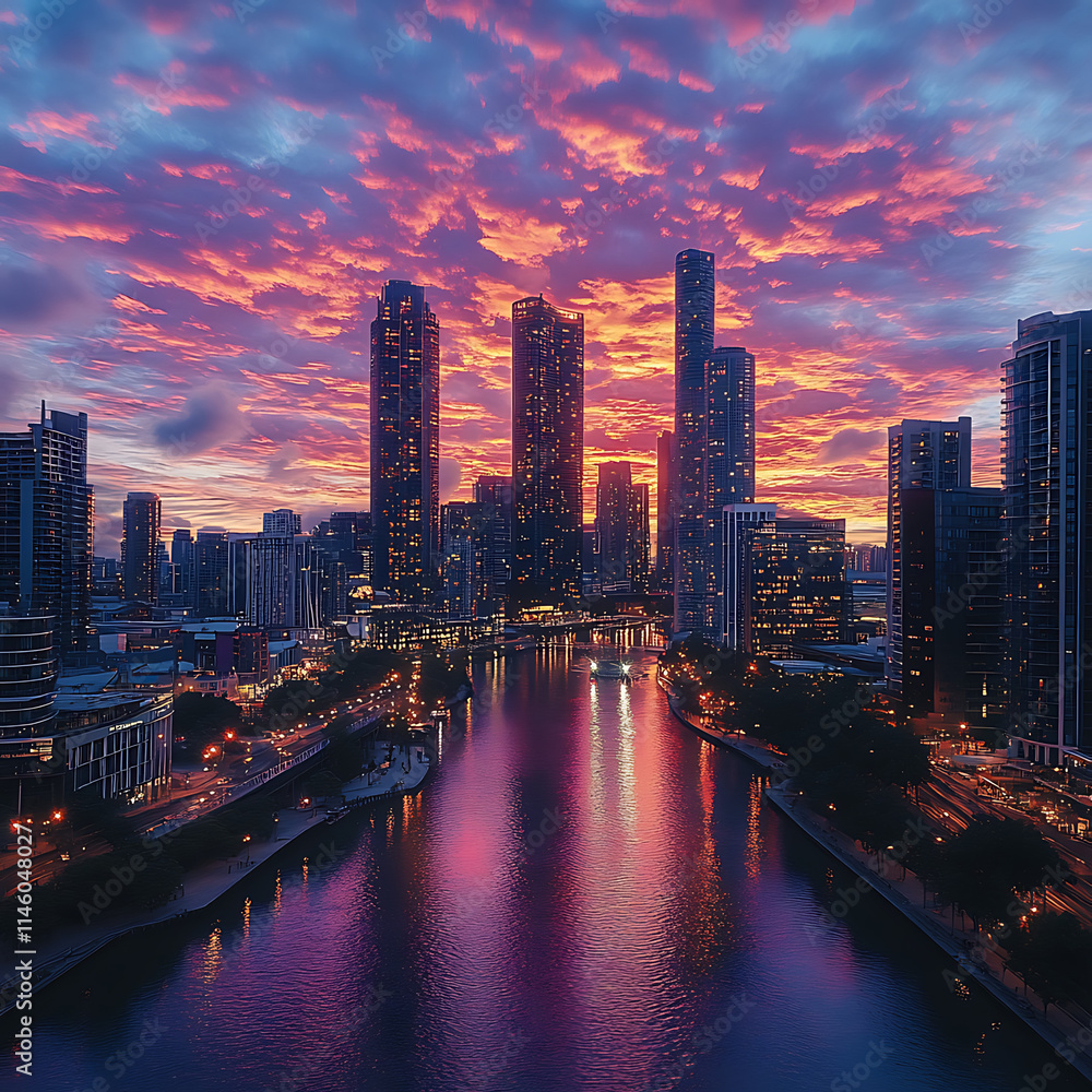 Fototapeta premium Striking Cityscape at Dusk with Glowing Clouds