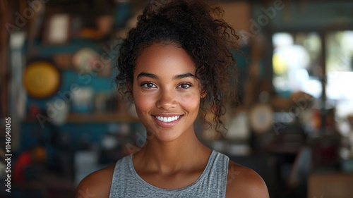 Happy Young Woman Portrait  Smiling Face  Curly Hair