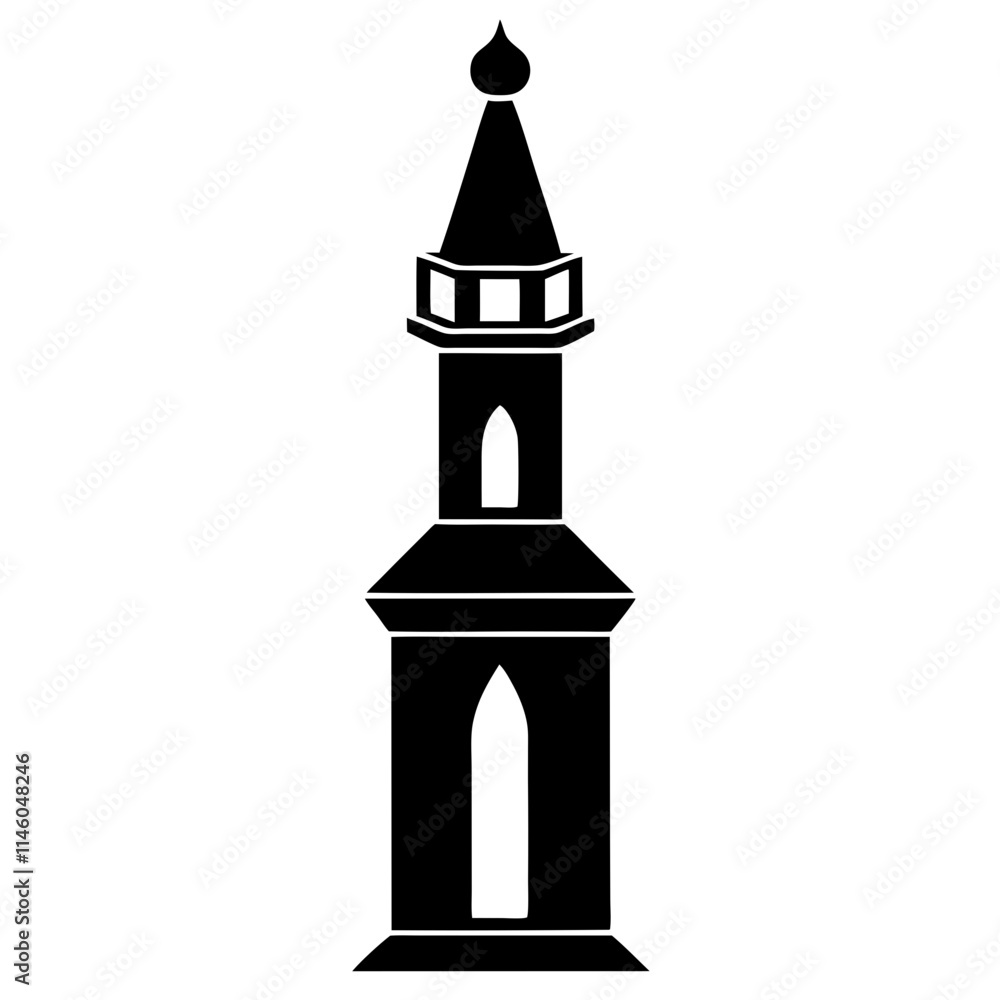 Title: Black Minaret on solid white background