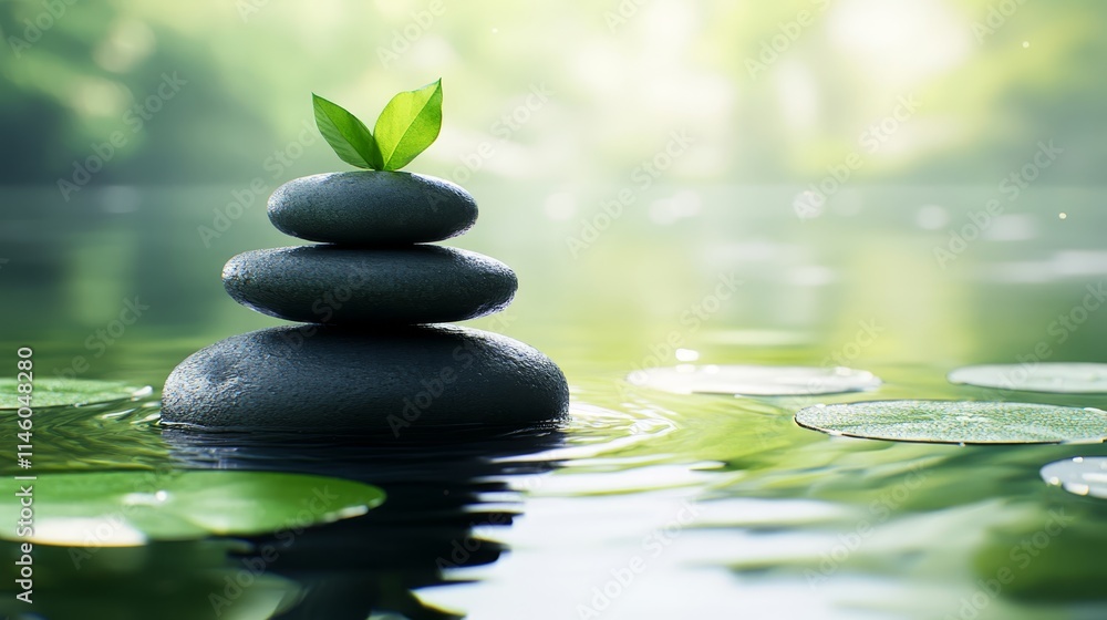 Obraz premium Balancing rocks and leaf, a study of nature's harmony, zen, tranquility in stone stacking