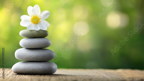 Serene stone stack with delicate flower, embracing nature's harmony, balance and mindfulness