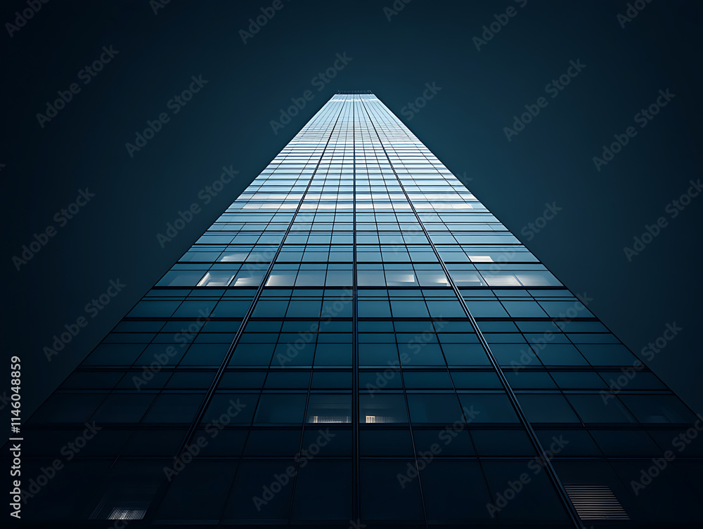 Towering Glass Skyscraper Reflecting Moonlight at Night Towering Glass Skyscraper Reflecting Moonlight at Night