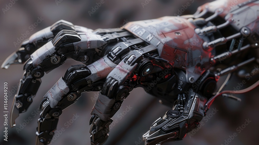 Fototapeta premium futuristic robotic hand with intricate mechanical parts, wires, and a weathered finish, symbolizing advanced technology, precision, and cybernetic innovation