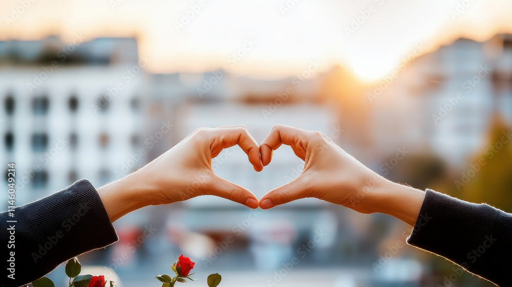 Hands forming heart shape against sunset, symbolizing love and connection Hands forming heart shape against sunset, symbolizing love and connection
