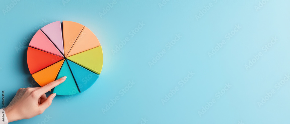 Fototapeta premium hand pointing at colorful pie chart on blue background, illustrating data segments
