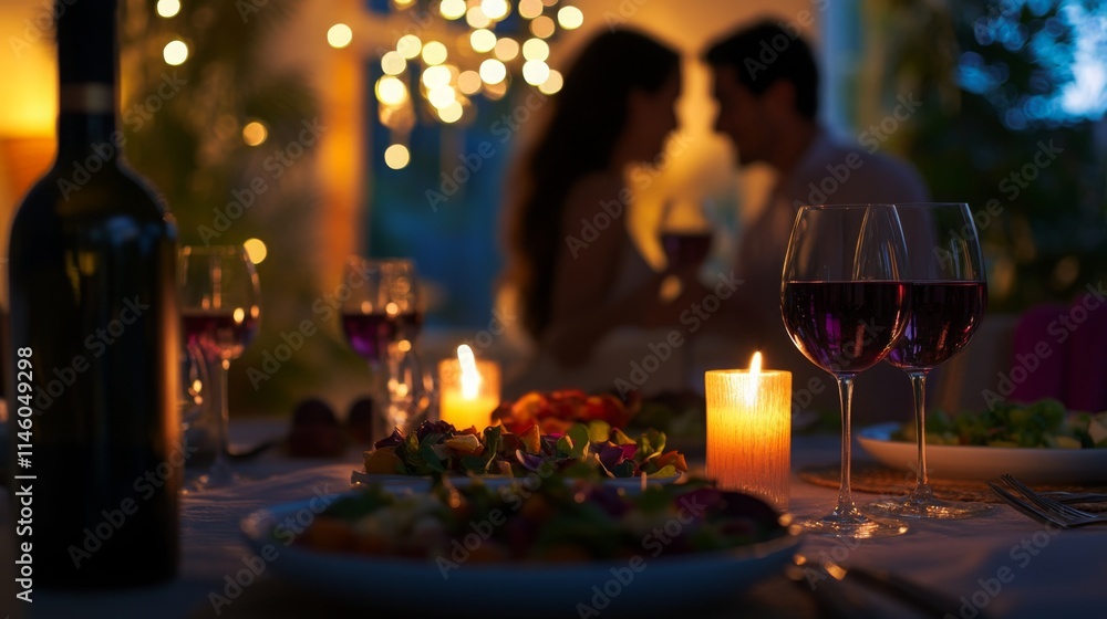 A couple enjoys a romantic dinner, surrounded by soft candlelight and decorative string lights. Tables are set with delicious food and glasses of red wine, creating an intimate atmosphere. A couple enjoys a romantic dinner, surrounded by soft candlelight and decorative string lights. Tables are set with delicious food and glasses of red wine, creating an intimate atmosphere.