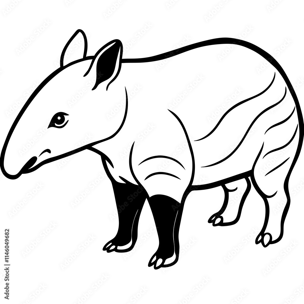 Fototapeta premium Cute Tapir Silhouette line art black vector illustration