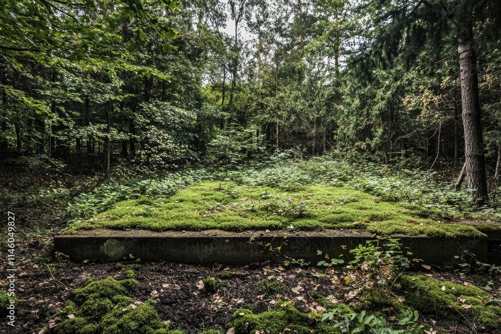 A natural stone bench overgrown with moss in a dense forest A natural stone bench overgrown with moss in a dense forest