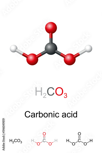 Carbonic acid, H2CO3, molecule model and chemical structure. Ball-and-stick model of a compound that converts rapidly to water and carbon dioxide in the presence of water. It is used in soft drinks.
