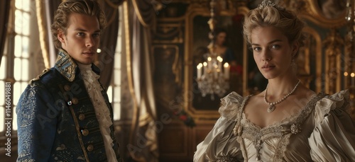 regal couple in lavish Victorian attire inside an opulent royal chamber, exuding elegance, wealth, and the grandeur of historical aristocracy