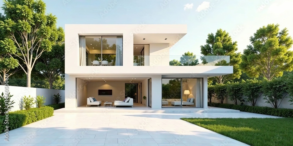 Fototapeta premium Modern Two-Story House with Open Floor Plan and Expansive Outdoor Patio