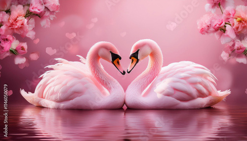 Fototapeta Naklejka Na Ścianę i Meble -  Two pink swans form a heart shape with their necks on lake surface against a romantic background filled with bokeh heart lights.