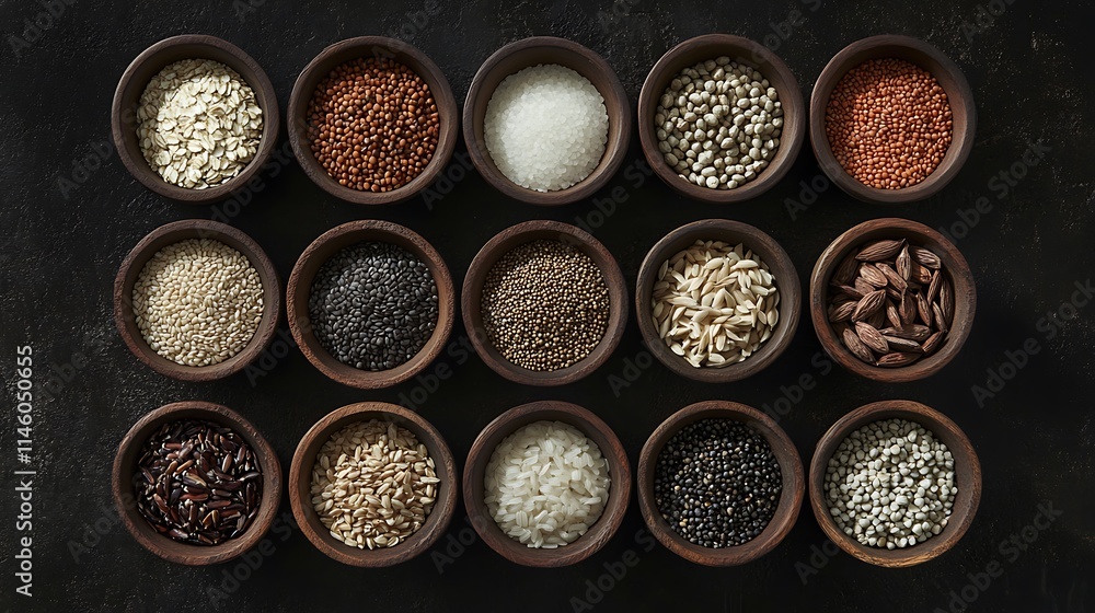 Varied grains closely arranged in bowls flat lay photo.. AI Generated Varied grains closely arranged in bowls flat lay photo.. AI Generated