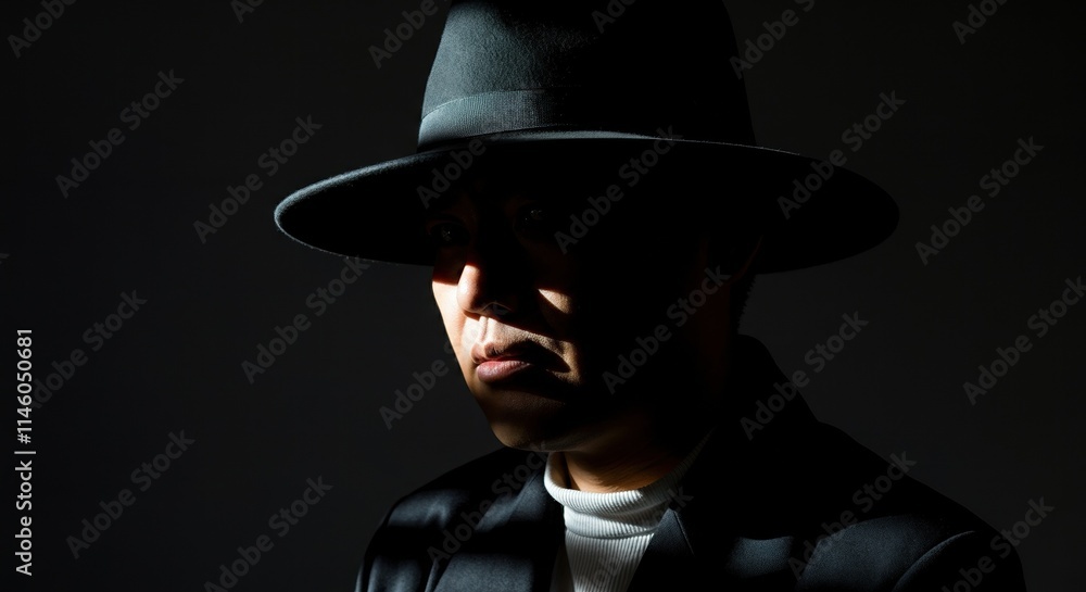 Mysterious asian male in shadowed lighting wearing a fedora Mysterious asian male in shadowed lighting wearing a fedora