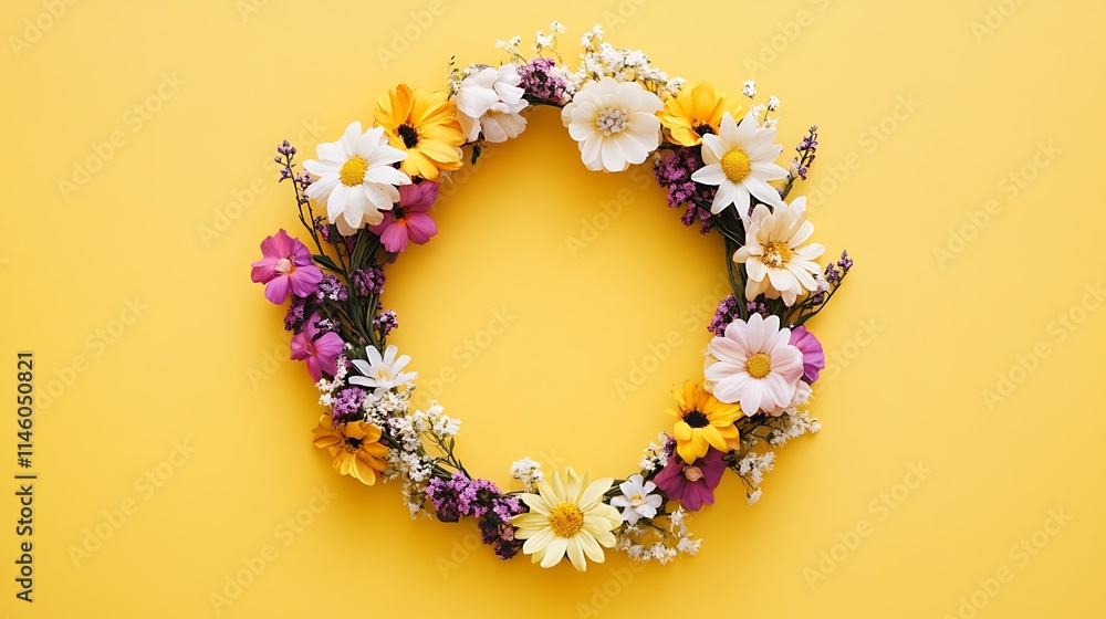 Vibrant Floral Wreath Photo: Spring Blooms on Yellow. AI Generated Vibrant Floral Wreath Photo: Spring Blooms on Yellow. AI Generated