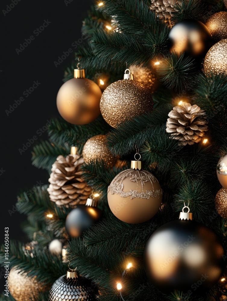 Golden Christmas Tree Ornamentation with Pine Cones and Bows Golden Christmas Tree Ornamentation with Pine Cones and Bows