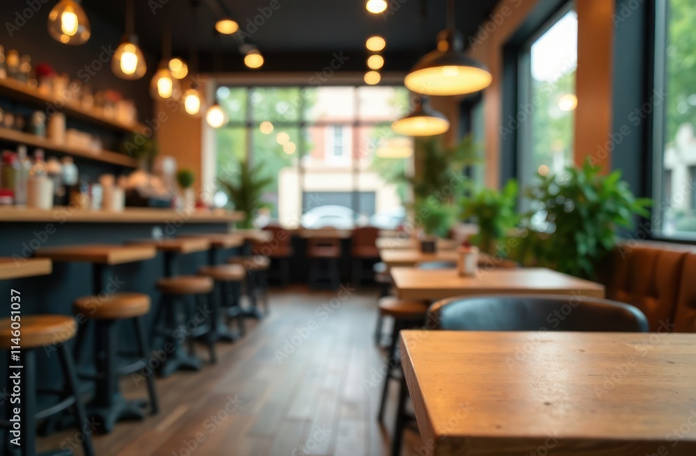 Fototapeta premium hospitality and lifestyle concept, banner with copy space. inviting cozy modern cafe interior with blurred wooden tables, lush plants and warm lighting.