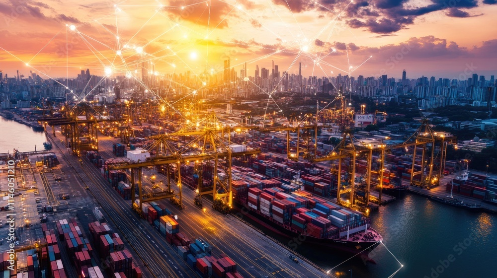Smart logistics and global container cargo ships docked at an industrial port with a network connection concept. Smart logistics and global container cargo ships docked at an industrial port with a network connection concept.