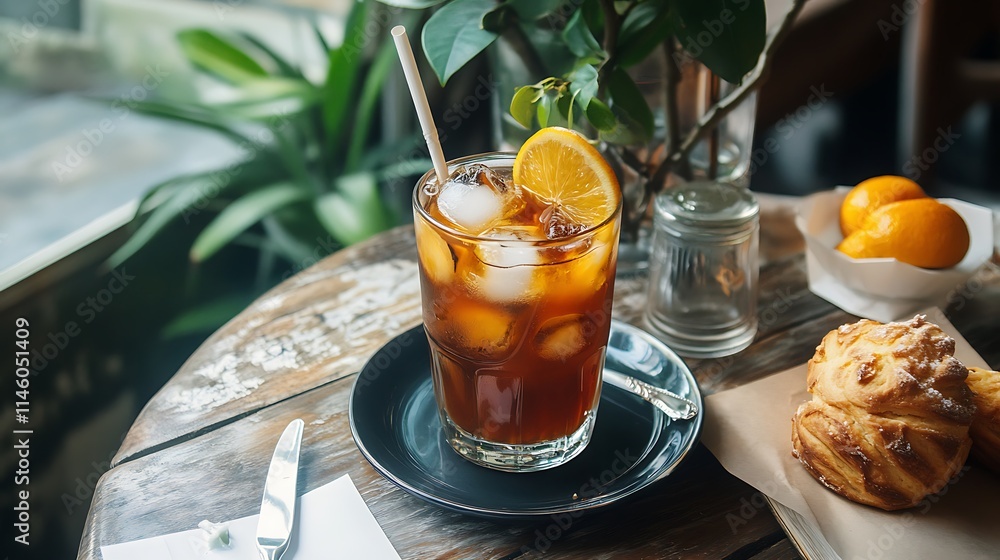 Refreshing Iced Tea Photo: Close-up Cafe Scene. AI Generated Refreshing Iced Tea Photo: Close-up Cafe Scene. AI Generated