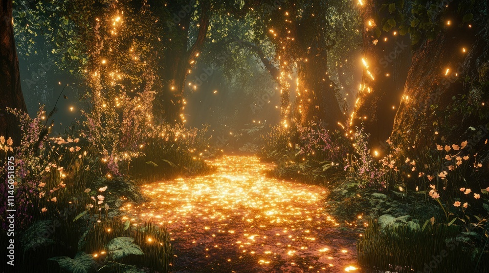Naklejka premium Enchanted Forest Pathway with Sparkling Lights and Lush Greenery Creating a Magical Atmosphere in a Mystical Natural Setting at Dusk