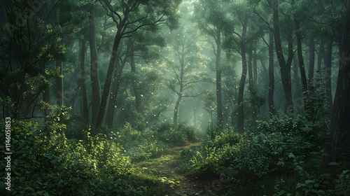 A Serene Forest Pathway Illuminated by Morning Light, Symbolizing Self-Discovery and Environmental Connection