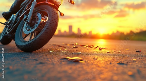 A silhouette of a red sport motorcycle speeding along a coastal road photo