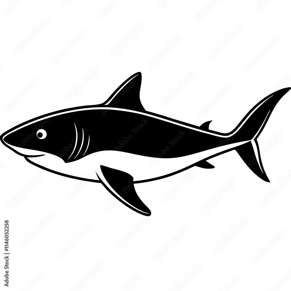 Playful Smiling Shark Silhouette - Black and White Marine Cartoon Illustration Playful Smiling Shark Silhouette - Black and White Marine Cartoon Illustration