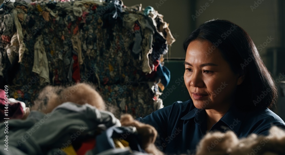 Asian female adult sorting recycled fabrics in warehouse Asian female adult sorting recycled fabrics in warehouse