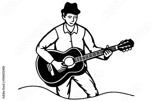 A musician playing guitar flat vector style silhouette on white background