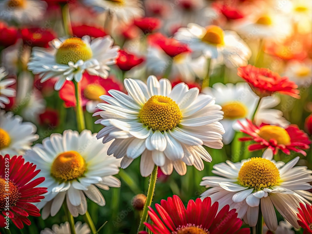 Fototapeta premium A photographic exploration: up close and personal with the contrasting elegance of white and red daisies.