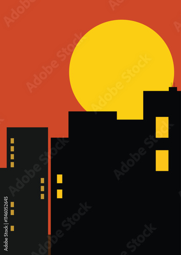 Dramatic Red Sky with Shimmering City and Supermoon