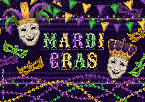 Horizontal carnival poster with jester masquerade masks, beads, pennant garland, sparkles, glossy text. Holiday design for Mardi Gras photo booth, events, festival, party. Vintage illustration A4