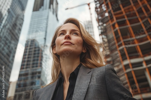 Confident businesswoman looking up at skyscrapers, symbolizing ambition and success in a bustling city.